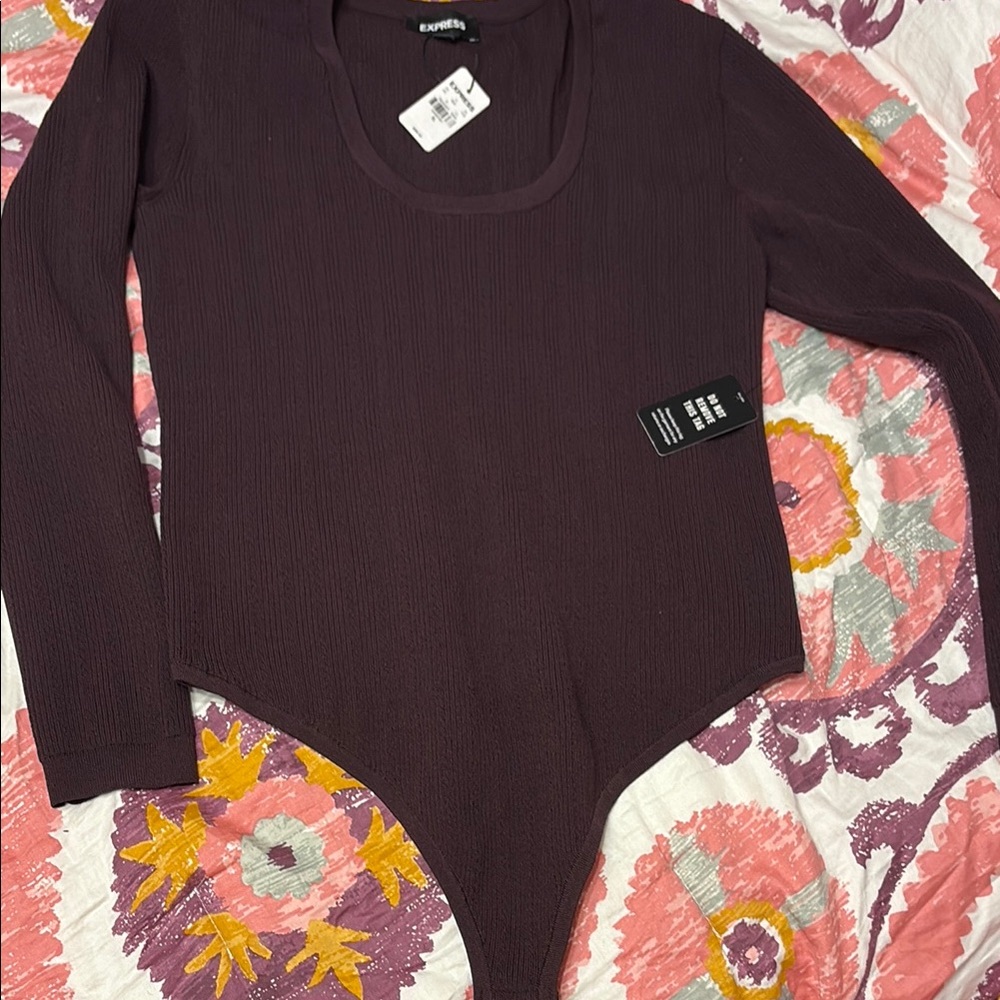 Express Brown Asymmetrical Ribbed Long Sleeve Bodysuit